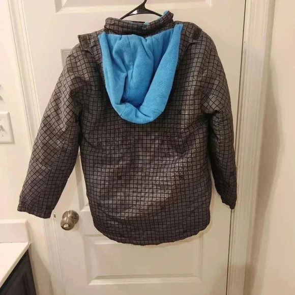 Unisex L 12/14 Cherokee Puffer Outerwear Jacket Hooded Blue Grey Plaid #I252 - Picture 3 of 3